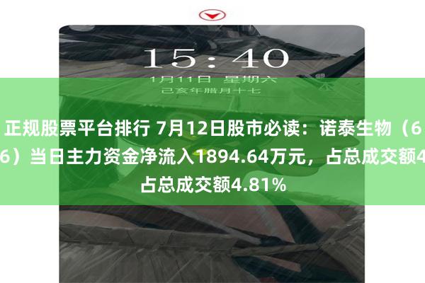 正规股票平台排行 7月12日股市必读：诺泰生物（688076）当日主力资金净流入1894.64万元，占总成交额4.81%